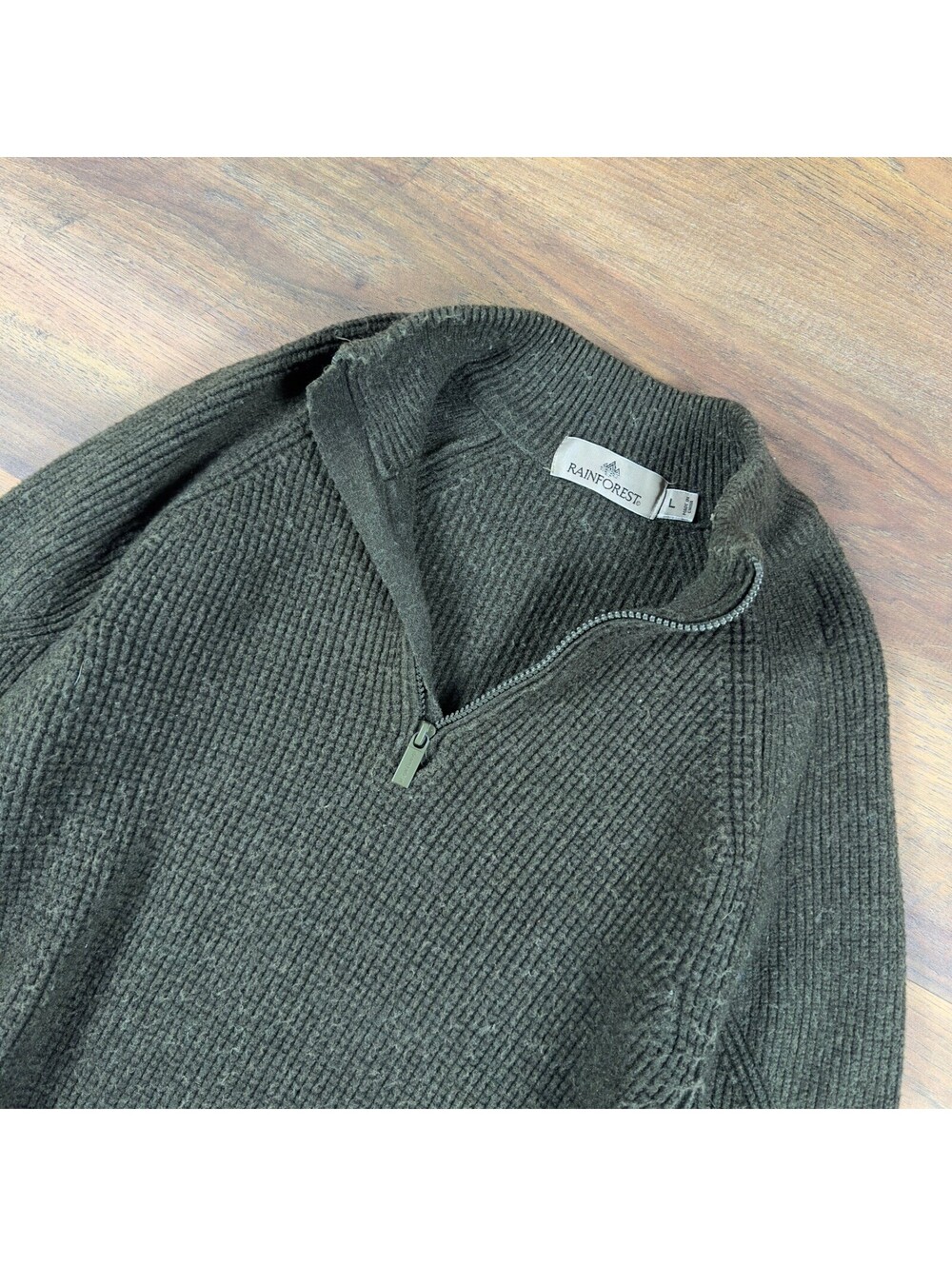 Rainforest Quarter Zip Sweater Mens L Olive Green Ribbed